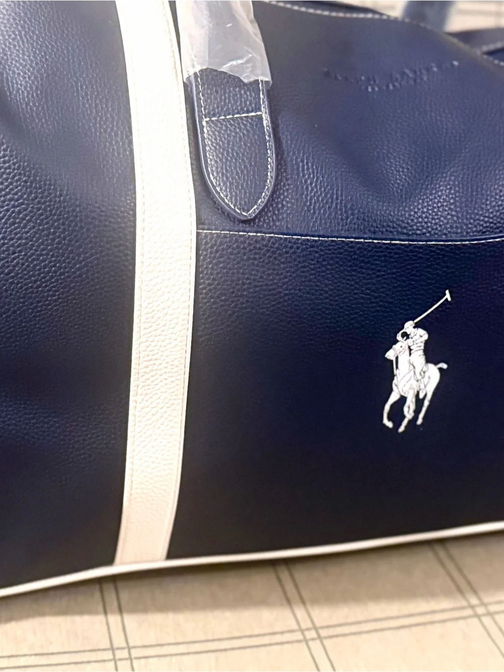 Classic !Ralph Lauren Navy and White Polo Large Vegan Leather Duffel Bag